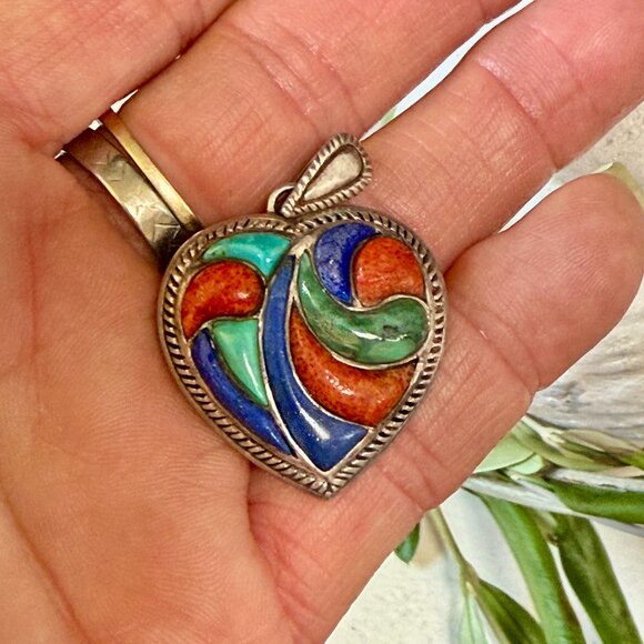 Sterling Silver Turquoise Coral Lapis Inlay Heart Pendant - Picture 1 of 4